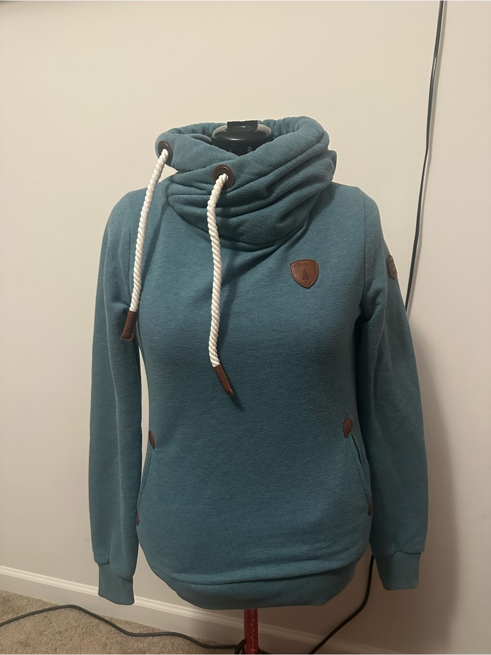 Wanakome Teal Funnel Cowl Neck Pullover with Rope Drawcords